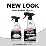 Graphic comparing old and new Weiman Quartz & Stone packaging with 'new look' headline