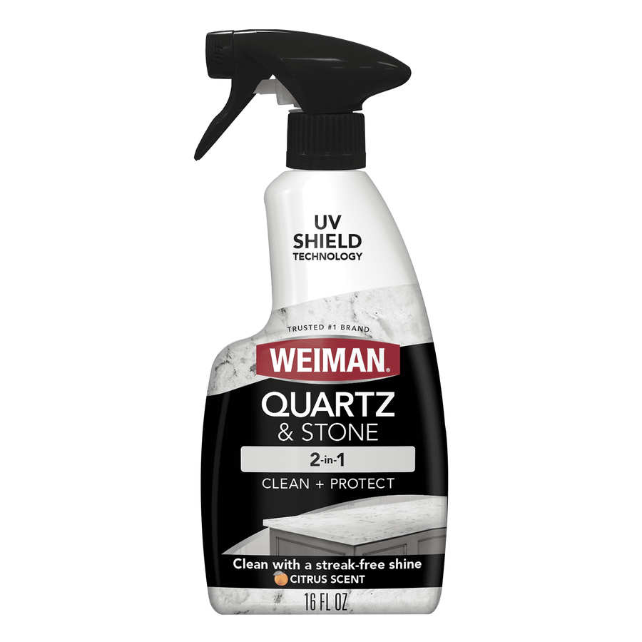 Weiman Quartz & Stone 2-in-1 spray bottle on white background showing label and trigger