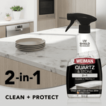 Weiman Quartz & Stone spray bottle staged on a kitchen countertop with product text overlay