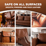Collage of leather items - coat, sofa, car seat, bag and boots - with header text stating safe on all surfaces for smooth, finished and faux leather.