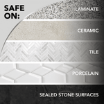 Infographic listing surfaces safe for product including laminate, ceramic, tile, porcelain, sealed stone