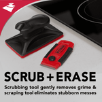 Scrubbing tool and red Weiman scraper shown on a countertop beside a cooktop with 'SCRUB + ERASE' headline