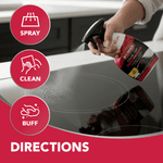 Hand spraying Weiman Cook Top cleaner onto a glass cooktop with icons showing spray, clean and buff and directions header