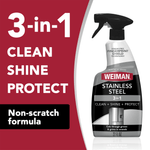 Weiman Stainless Steel 3-in-1 trigger spray bottle against red panel advertising clean, shine, protect.