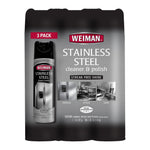 Weiman branded 3-pack retail pouch showing stainless steel cleaner & polish packaging with product photos and brand logo