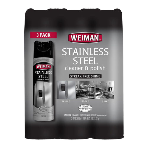 Weiman branded 3-pack retail pouch showing stainless steel cleaner & polish packaging with product photos and brand logo