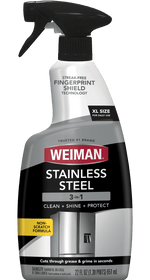 Close-up front view of Weiman Stainless Steel trigger spray bottle showing brand label and XL size callout.