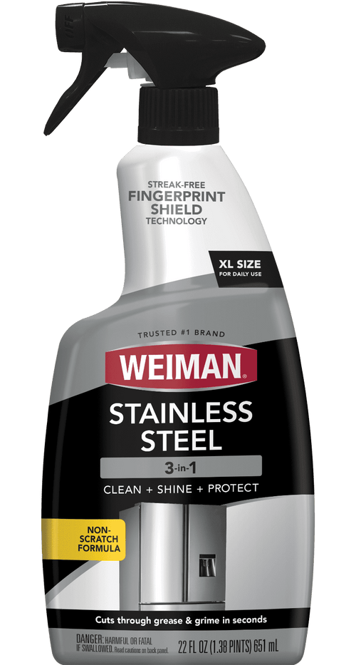 Close-up front view of Weiman Stainless Steel trigger spray bottle showing brand label and XL size callout.
