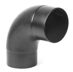 Black 90-degree plastic elbow hose adapter with textured outer surface, studio-lit on white background