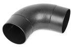 Angled overhead view of a black plastic 90-degree elbow adapter showing both open ends and textured surface