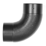 Side view of a black textured 90-degree plastic elbow adapter showing both socket ends against white background