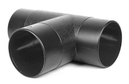 Black plastic T-shaped dust-collection hose fitting shown at an angle on white background