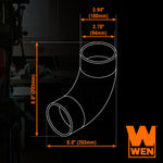Technical diagram overlay showing dimensions of a 90-degree elbow adapter with WEN logo on a dark workshop background