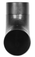 Top-down close-up of a black plastic elbow adapter showing circular opening and textured elbow section on white background