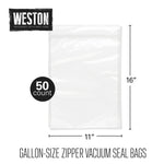 Gallon-size vacuum zipper bag shown with Weston logo, 11" x 16" dimensions and 50 count badge on white background