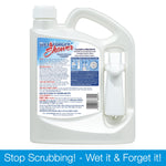 Rear view of white Wet & Forget Shower jug showing product information label and stored trigger sprayer