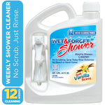 White Wet & Forget Shower jug with blue product label and sidebar graphic reading weekly shower cleaner and 12 weeks