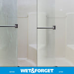 Split before-and-after image of a shower stall showing cloudy glass and stained walls on left, clean on right