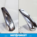 Split before-and-after close-up of a chrome faucet showing heavy build-up on left and polished finish on right