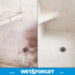 Split before-and-after tiled shower floor with grime and residue on left and clean tiles on right, branded banner below