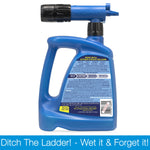 Rear view of a blue Wet & Forget Outdoor hose-end applicator showing instructions and label on white background