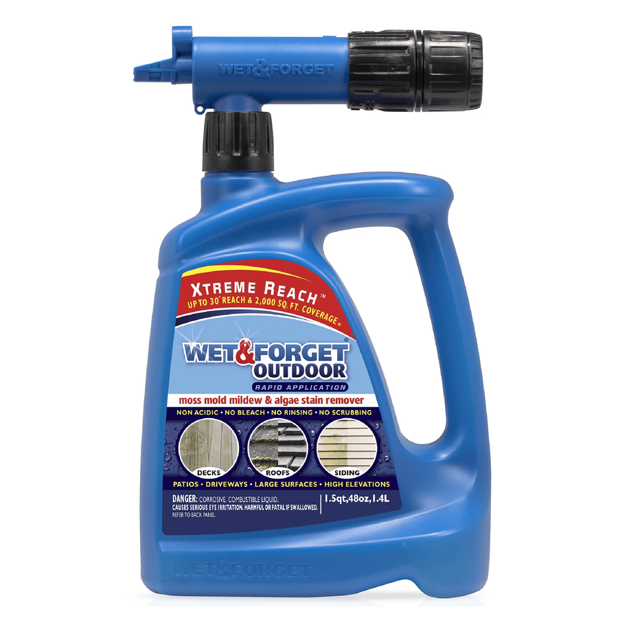 Blue Wet & Forget Outdoor hose-end bottle with attached spray nozzle and product label on white background