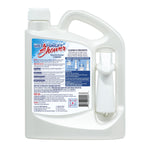 Rear view of Wet & Forget Shower weekly shower cleaner jug showing label text, warnings and attached sprayer