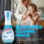 Promotional image of Wet & Forget Shower Ultra bottle beside a smiling adult and child with headline about bleach-free cleaning power.
