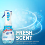 Wet & Forget Shower Ultra bottle on a blue graphic background with swirling light effects and large text “Fresh Scent.”