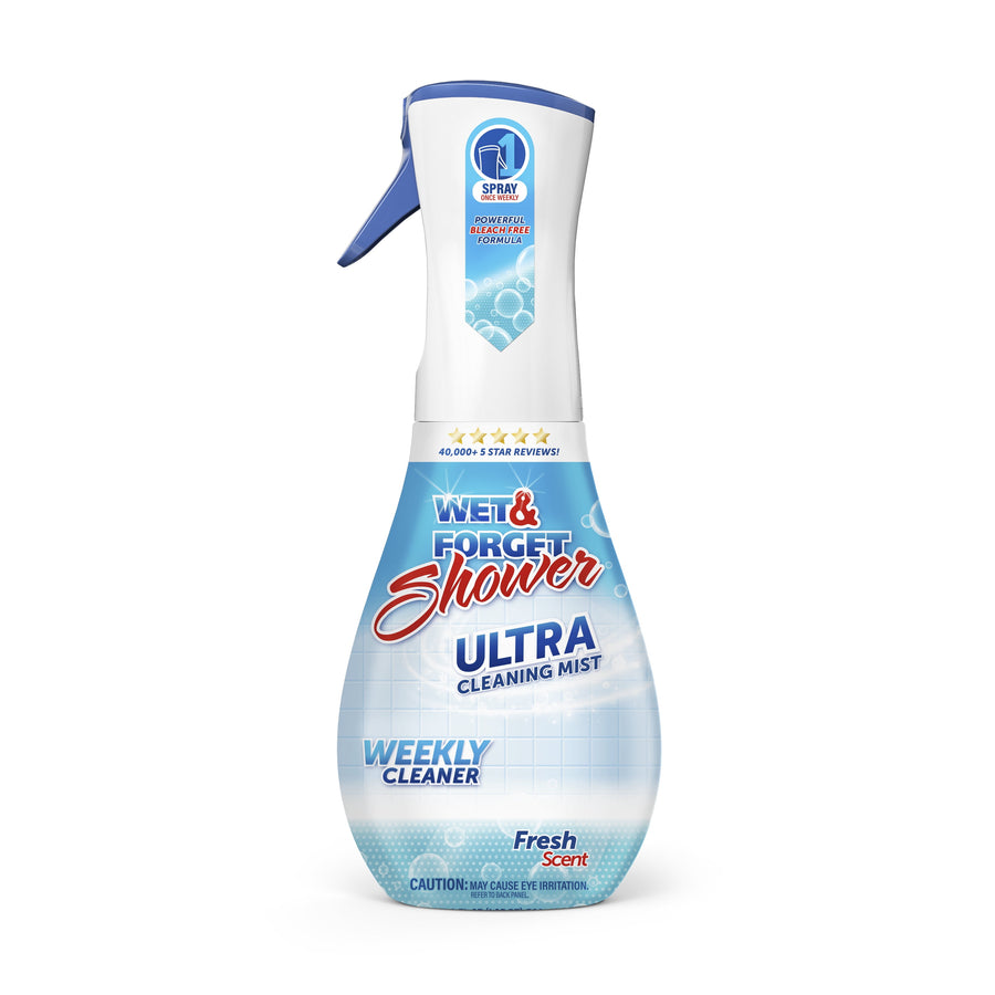 Front-facing bottle of Wet & Forget Shower Ultra Cleaning Mist with blue label and Fresh Scent branding on white background.
