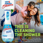 Wet & Forget Shower Ultra bottle with lifestyle background and text overlay reading “This is cleaning the shower” for promotional use.