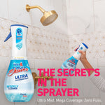 Wet & Forget Shower Ultra bottle in a shower scene with hand holding a second bottle and bold text “The secret’s in the sprayer.”