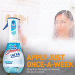 Wet & Forget Shower Ultra bottle graphic with blurred shower glass and a person visible through steamed glass with “Apply just once-a-week.”