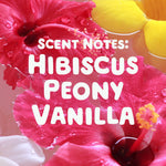 Close-up macro photo of wet hibiscus petals with overlaid text listing scent notes: hibiscus, peony, vanilla.
