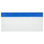 Close-up detail of a white wet mopping cloth edge with a textured blue scrubbing strip along the top