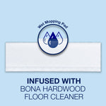 Single wet mopping pad on a light blue background with graphic droplet icon and text about infusion with cleaner