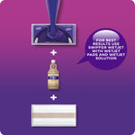 Graphic showing WetJet head, a bottle of WetJet solution and a cleaning pad with callout recommending pads and solution