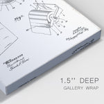 Close-up of the corner edge of a gallery-wrapped canvas featuring a detailed toilet paper holder patent sketch and 1.5-inch depth label.