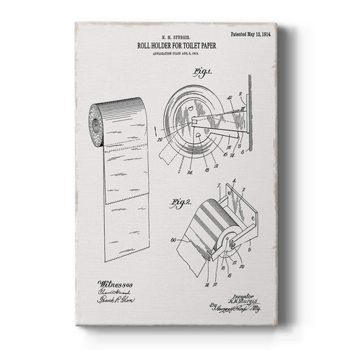 Gallery-wrapped canvas print showing a vintage patent drawing of a toilet paper roll and holder.