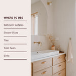 Split image showing bathroom sink scene and text listing where to use the cleaner: bathroom surfaces, tiles, sinks