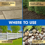 Four-panel 'Where to Use' collage showing driveway pavers, landscaped soil, a fence lawn, and gravel area