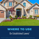 Front yard and house photo with headline panel stating "Where to use - On Established Lawns"
