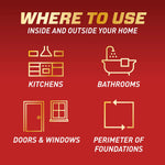 Where to use graphic on red background with icons for kitchens, bathrooms, doors & windows, and perimeter of foundations