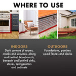 'WHERE TO USE' panel showing indoor and outdoor example photos with text listing indoor and outdoor application areas