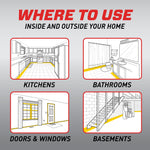 Infographic panels showing where to use product: kitchens, bathrooms, doors & windows, and basements with simple line drawings