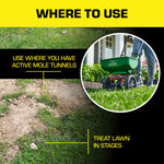 Graphic titled Where To Use showing mole tunnels and a circular inset of a spreader on a lawn