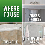 Four-panel graphic labeled where to use with images and captions for sinks & fixtures, tub & tile, shower & glass