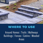Landscape photo with stone steps and paved walkway above a header reading 'WHERE TO USE' and usage locations listed