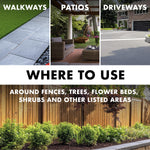 Collage of three location photos (walkway, patio, driveway) and headline ‘WHERE TO USE’ with fence and landscaped bed image below.