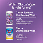 Comparison-style graphic showing two Clorox wipe variants with text asking which Clorox wipe is right for me